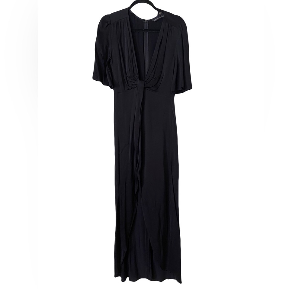 Black Zara Satin High Low Dress with Deep V Neck Size Small